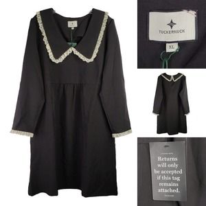 Tuckernuck Women's Black Lace Collar Dress Size XL Stretch Long Sleeve A Line
